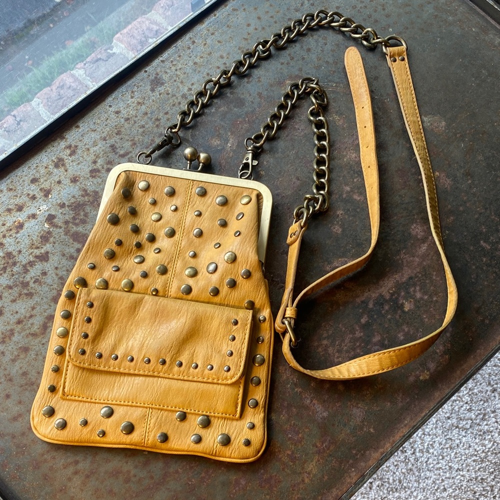 Jessica Simpson Mustard Studded Crossbody Bag Snap Clasp, Chain & Leather Strap